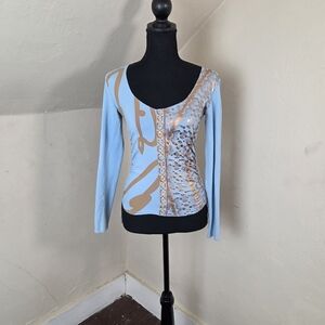 Marithé + François Girbaud Blue Graphic Top S | Long Sleeve Stretch Y2K Paris S